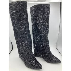 A New Day Abba Black Sequin Covered Foldover Knee High Evening Boots -- Size 6.5